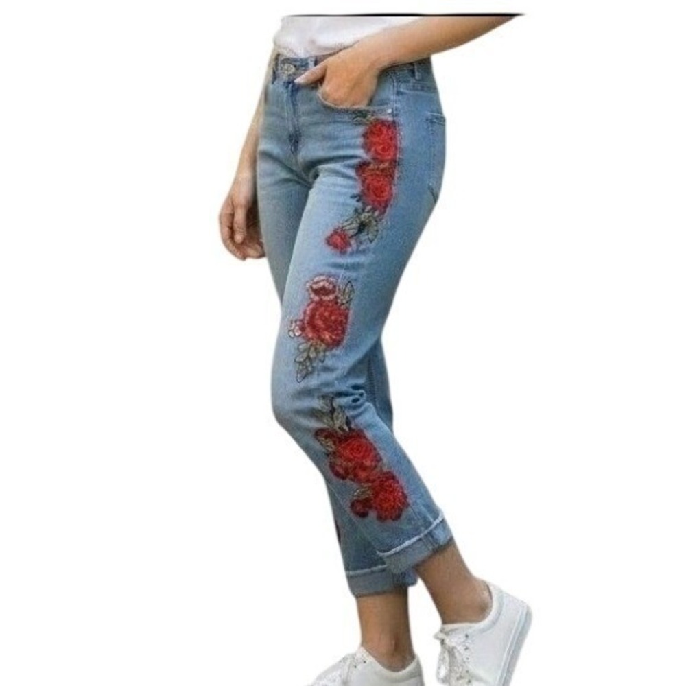 Ashley Stewart Floral Rose Embroidered Light Wash Skinny Jeans Women Size 12
